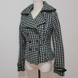 JouJou Ladies Wool Blend Houndstooth Mock Double Breasted Jacket Green XS NWT